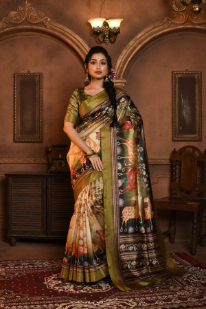 Mahendi green color tussar silk saree with digital printed work