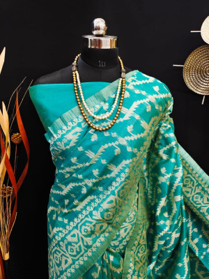Firoji color jamdani raw silk saree with woven design