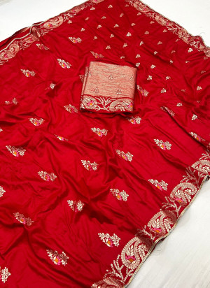 Red color soft viscose silk saree with weaving work