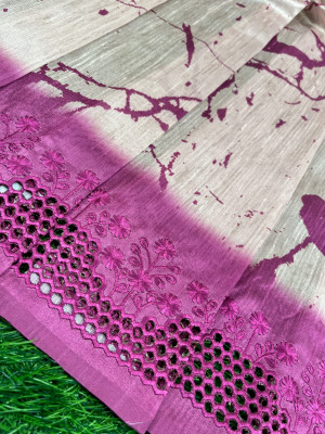 Beige and rani pink color soft tussar silk saree with embroidered cutwork