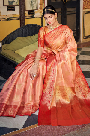 Peach color organza silk saree with zari weaving work