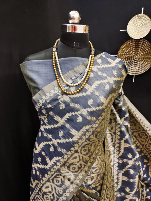 Blue color jamdani raw silk saree with woven design