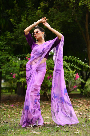 Purple color soft organza silk saree with digital printed work