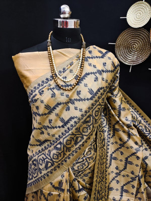 Beige color jamdani raw silk saree with woven design