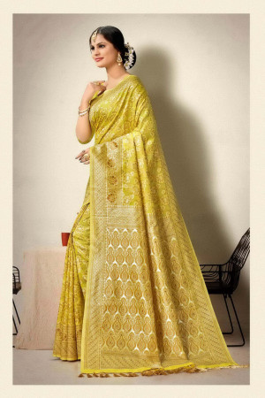 Yellow color linen cotton saree with woven design