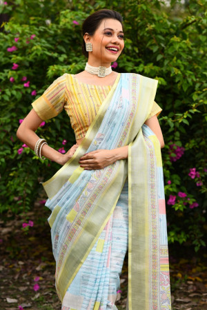 Multi color soft linen saree with printed work