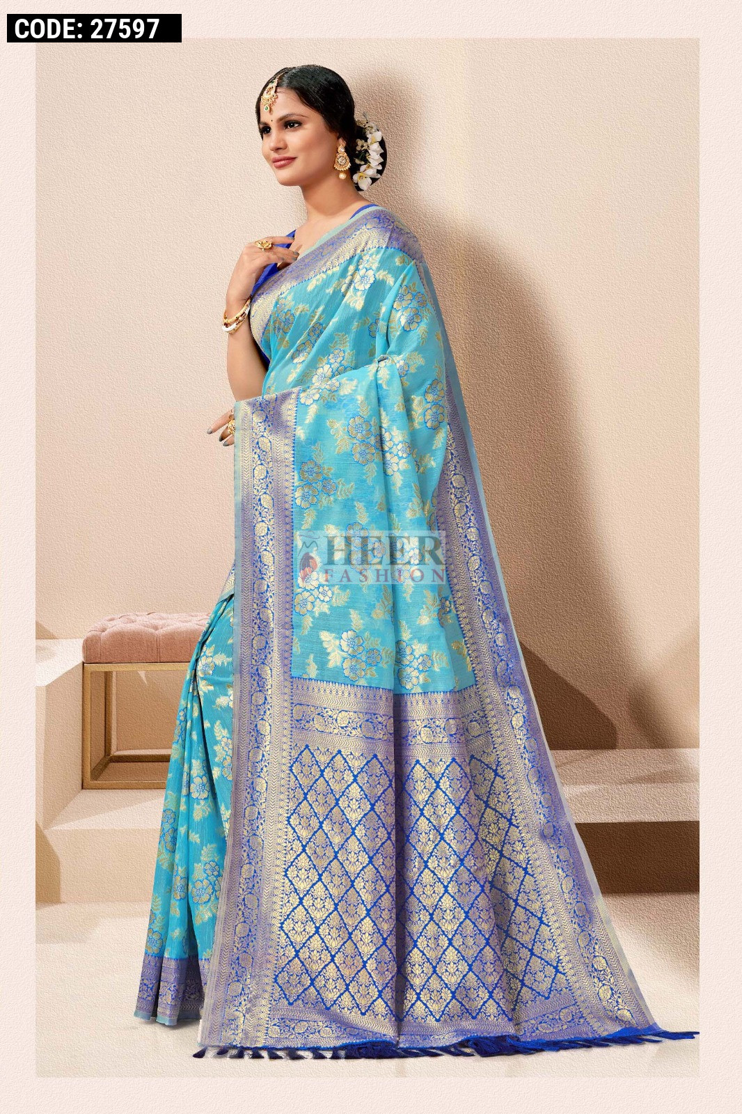 Sky Blue Linen Cotton Hand Block Printed Saree RF05