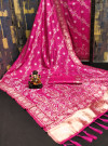 Pink flowy dola silk saree with lehriya woven design border & lagdi patta pallu
