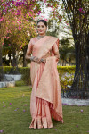 Peach kanjivaram satin silk saree with zari weaving butta & rich designer pallu