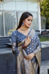 Blue color soft satin silk saree with zari weaving rich pallu