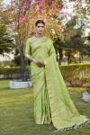 Pista green kanjivaram satin silk saree with zari weaving butta & rich designer pallu