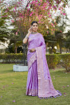 Lavender kanjivaram satin silk saree with zari weaving butta & rich designer pallu