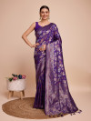Golden & copper zari weaving with purple color soft silk banarasi saree
