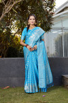 Sky blue color soft satin silk saree with zari weaving rich pallu