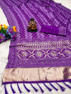 Purple flowy dola silk saree with bandhej woven border & lagdi patta pallu