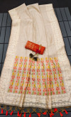 Cream soft muga cotton saree with jamdani meena weaving pallu & contrast blouse