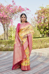 Yellow woven design soft kanjivaram soft silk saree with contrast blouse