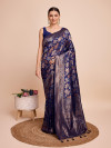 Golden & copper zari weaving with navy blue color soft silk banarasi saree
