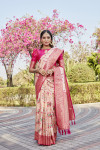 Peach woven design soft kanjivaram soft silk saree with contrast blouse