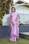 Lavender color soft satin silk saree with zari weaving rich pallu