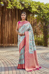 Sky blue woven design soft kanjivaram soft silk saree with contrast blouse