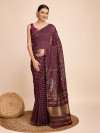 Bandhani printed with beautiful lace border maroon cotton silk saree