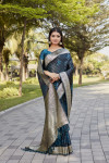 Bottle green kanjivaram satin silk saree with zari weaving border & designer rich pallu