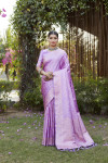 Lavender color kanjivaram soft satin silk saree with woven design