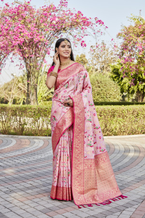 Baby pink woven design soft kanjivaram soft silk saree with contrast blouse