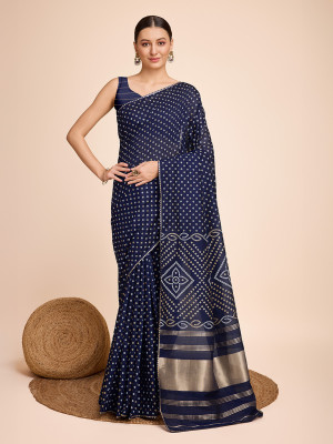 Bandhani printed with beautiful lace border navy blue cotton silk saree