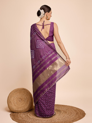 Bandhani printed with beautiful lace border magenta cotton silk saree