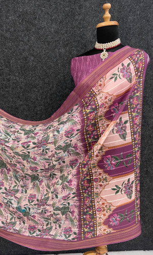Pink floral printed soft cotton saree
