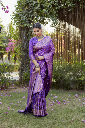 Purple color kanjivaram soft satin silk saree with woven design