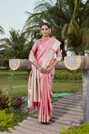 Peach kanjivaram soft satin silk saree with weaving work