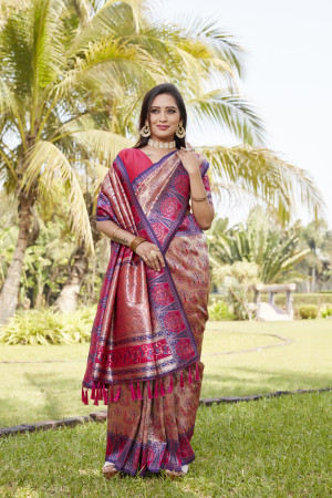 Pink color soft kanjivarama silk saree with zari weaving work