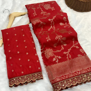 Red color viscose georgette with lace border zari design saree