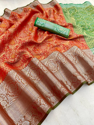 Orange color premium tissue kanjivaram silk saree with rich pallu