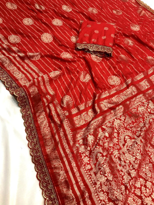 Red color viscose georgette saree with embroidery fancy lace border & zari weaving design