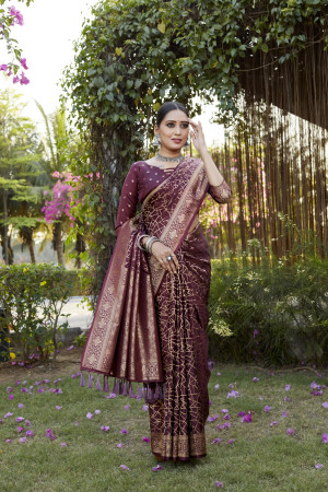 Maroon color kanjivaram soft satin silk saree with woven design
