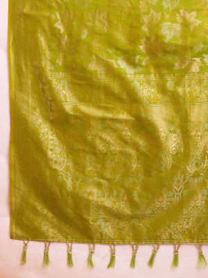 Golden & copper zari weaving with mahendi green color soft silk banarasi saree
