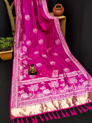 Flowy woven design with lagdi patta pallu rani pink color dola silk saree
