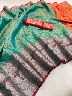 Sea green color premium tissue kanjivaram silk saree with rich pallu