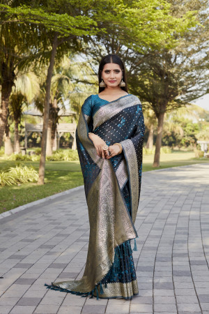 Rama green kanjivaram satin silk saree with zari weaving border & designer rich pallu