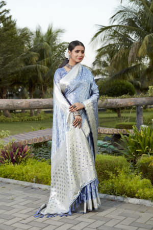 Light blue kanjivaram soft satin silk saree with weaving work