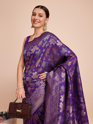 Golden & copper zari weaving with purple color soft silk banarasi saree