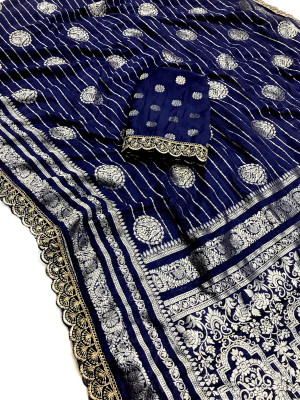 Navy blue color viscose georgette saree with embroidery fancy lace border & zari weaving design
