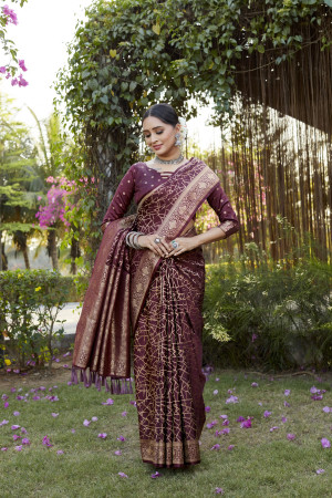 Maroon color kanjivaram soft satin silk saree with woven design