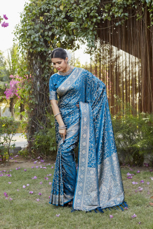 Firoji color kanjivaram soft satin silk saree with woven design