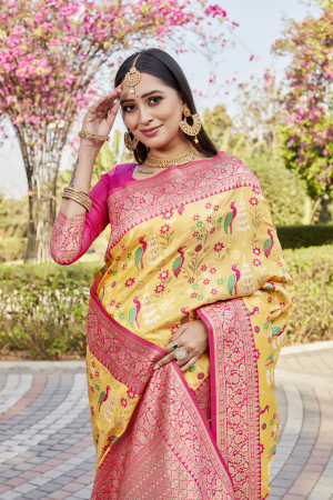 Yellow woven design soft kanjivaram soft silk saree with contrast blouse