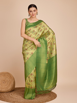 Ready to wear parrot green soft kanjivaram silk saree with digital floral printed work